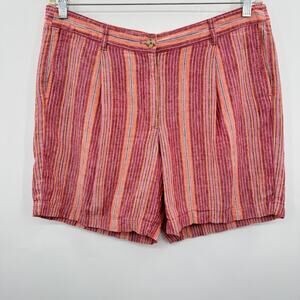 J. Jill Love Linen Striped Pleated Shorts Sz 14 Pink Multi Beach Vacation Casual